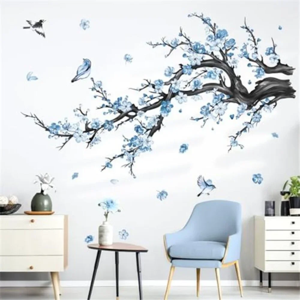 Blue Flower Wall Decals Watercolor Floral Tree Branch Stickers Bedroom Living